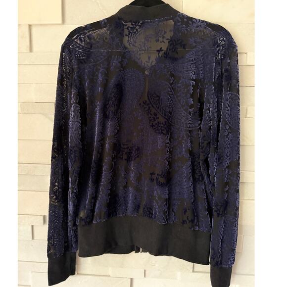 ARIAT Velvet Burnout Sparkle Semi Sheer Floral Zip Bomber Jacket Blue Black M - Picture 2 of 5